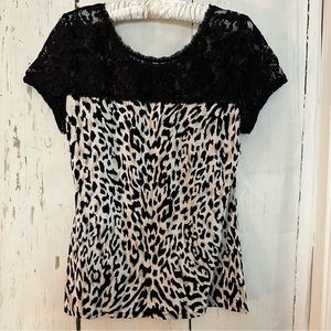 White House Black Market Black White Tan Animal Print/ Lace Top